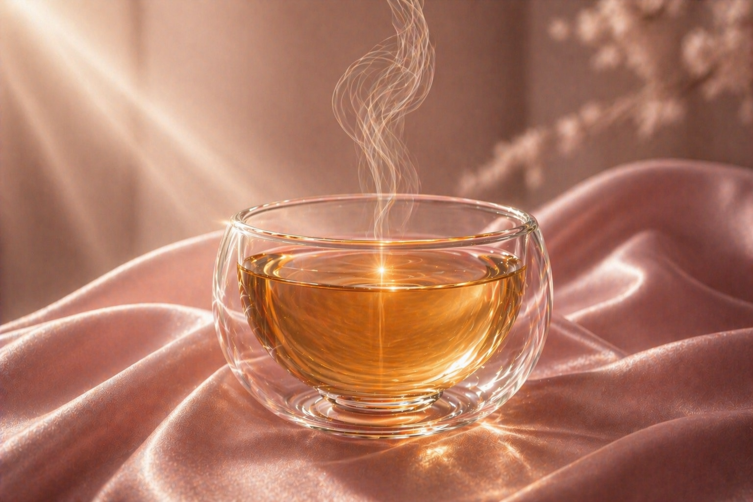 Tisane détox GlowTox Hazellia, infusion dorée lumineuse dans mug double paroi, rituel beauté féminin, thé bien-être peau éclat, univers luxe satin rose poudré

