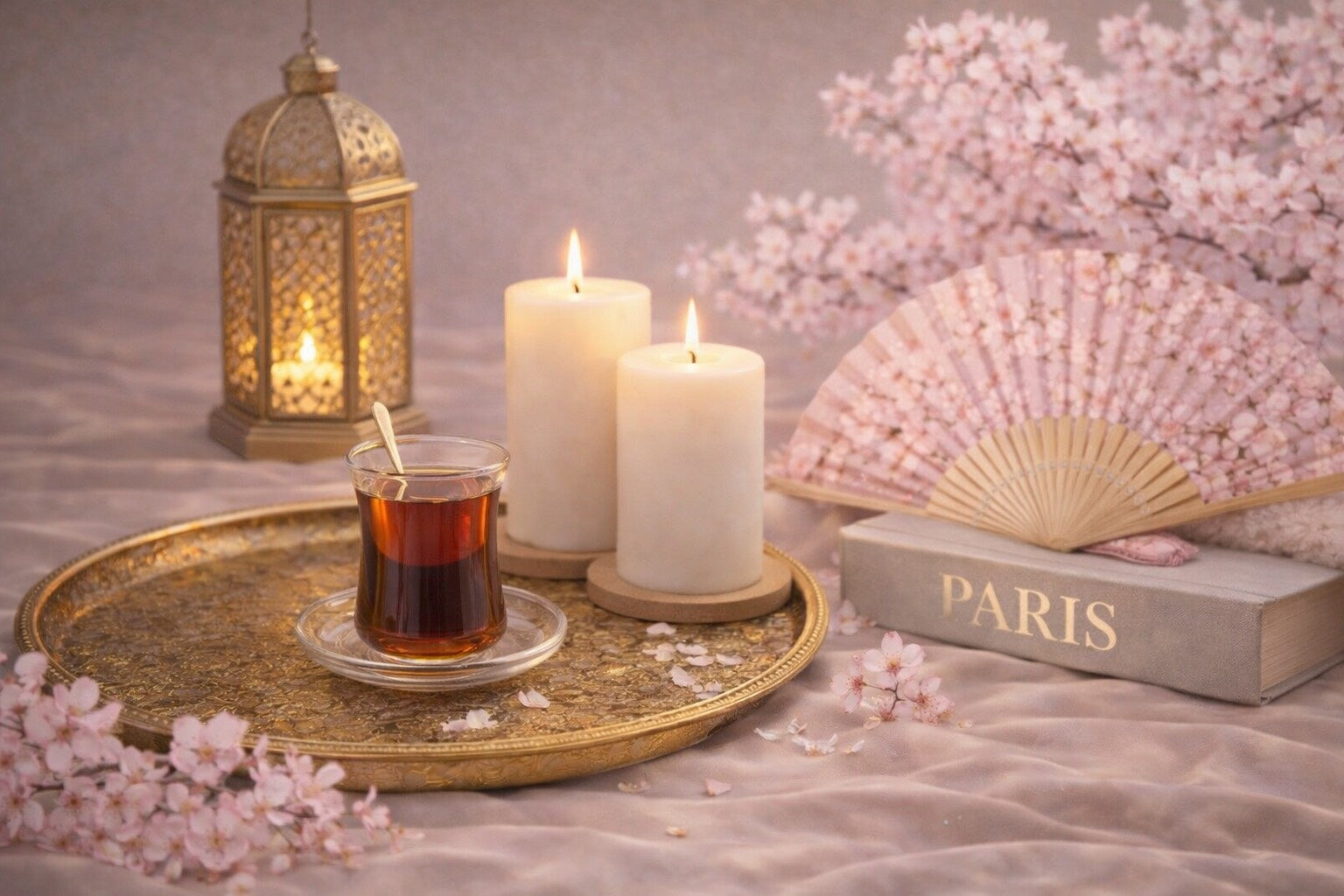 Plateau doré avec verre de thé, bougies allumées, lanterne orientale et éventail fleuri, posé sur un drapé beige rosé avec branches de cerisier rose pâle, ambiance douce et premium Hazellia Voyage.