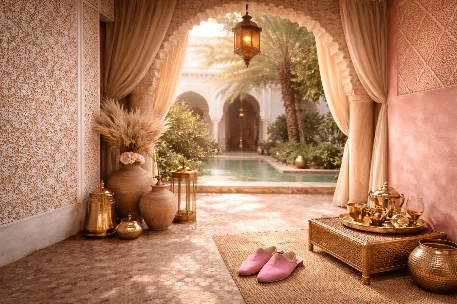 Cour intérieure marocaine premium avec arches sculptées, lumière dorée, décor artisanal en cuivre et babouches roses Hazellia posées sur un tapis jute