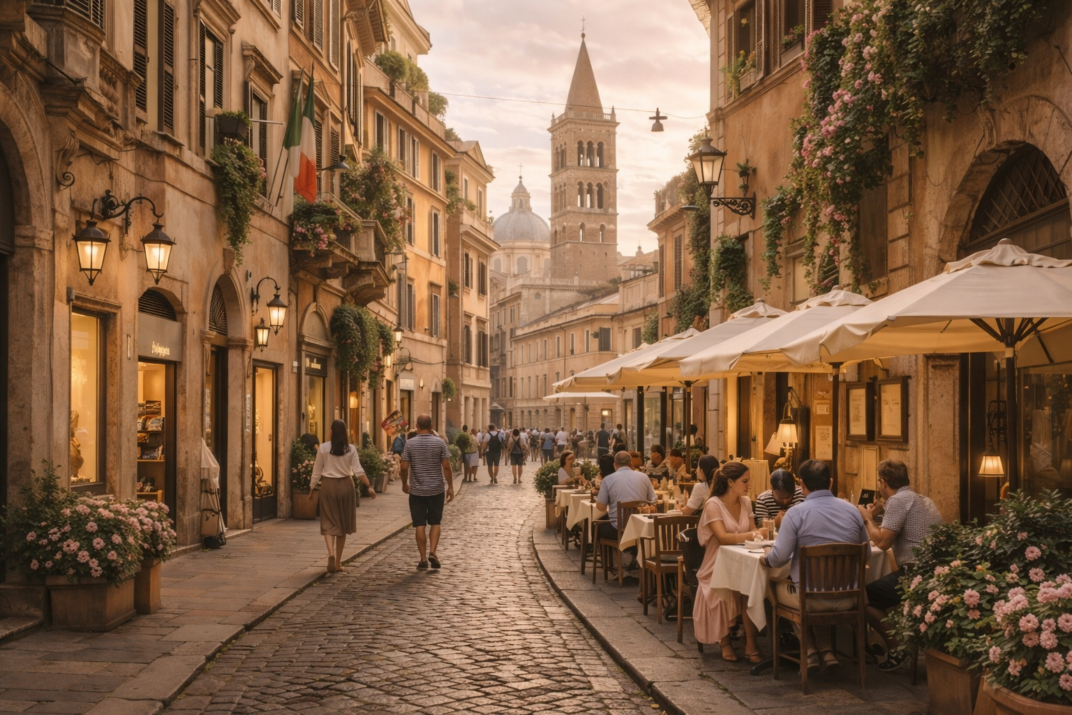 Rue italienne animée avec restaurants et terrasses dans l’esprit Dolce Vita

