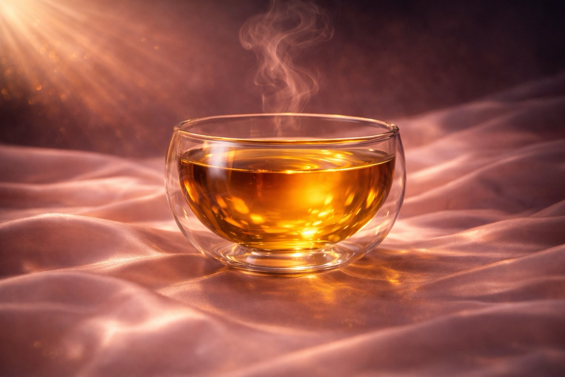 Tasse de thé BerryGlow infusion fruitée bio, lumière dorée sur satin rose, univers luxe Hazellia

