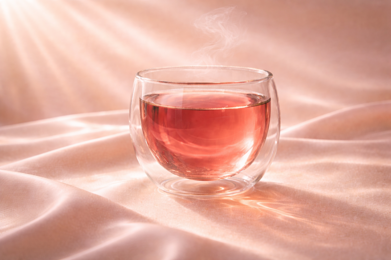 Infusion fruitée lumineuse Pink Elixir Hazellia dans un verre double paroi sur satin rose poudré avec vapeur élégante.

