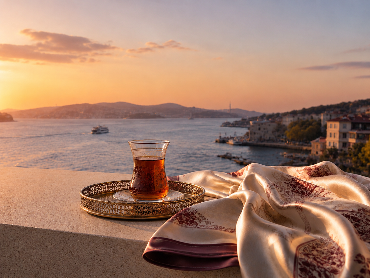 Rituel d’infusion turc Hazellia, verre de thé ambré sur un plateau raffiné, foulard en satin et paysage inspiré de la Cappadoce au coucher du soleil.

