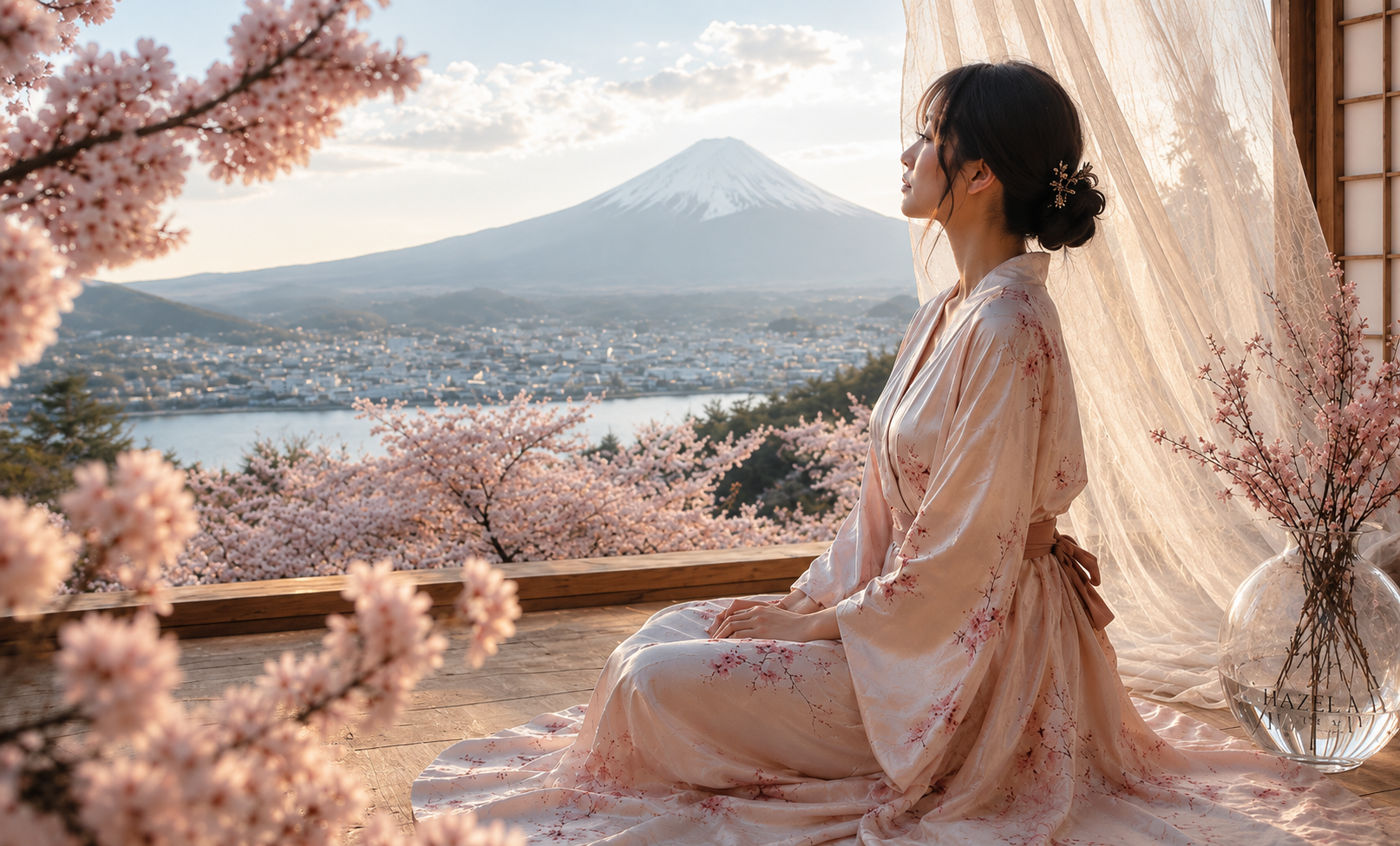 Élégance japonaise Hazellia : femme en kimono satin blush devant le Mont Fuji au coucher du soleil, ambiance luxe, sakura et rituel d’inspiration japonaise.

