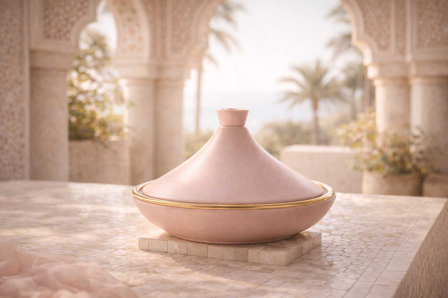 Tajine marocain contemporain en céramique rose poudré avec liseré doré, posé sur mosaïque blanche dans un riad lumineux aux arches marocaines.

