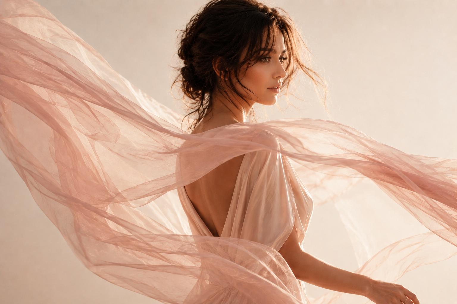 Femme de dos élégante dans un voile rose poudré en mouvement, lumière douce ivoire et style couture raffiné représentant l’univers Les Femmes Hazellia.

