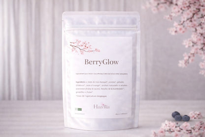 Sachet d’infusion bio BerryGlow Hazellia, mélange fruité pour l’éclat et la féminité.