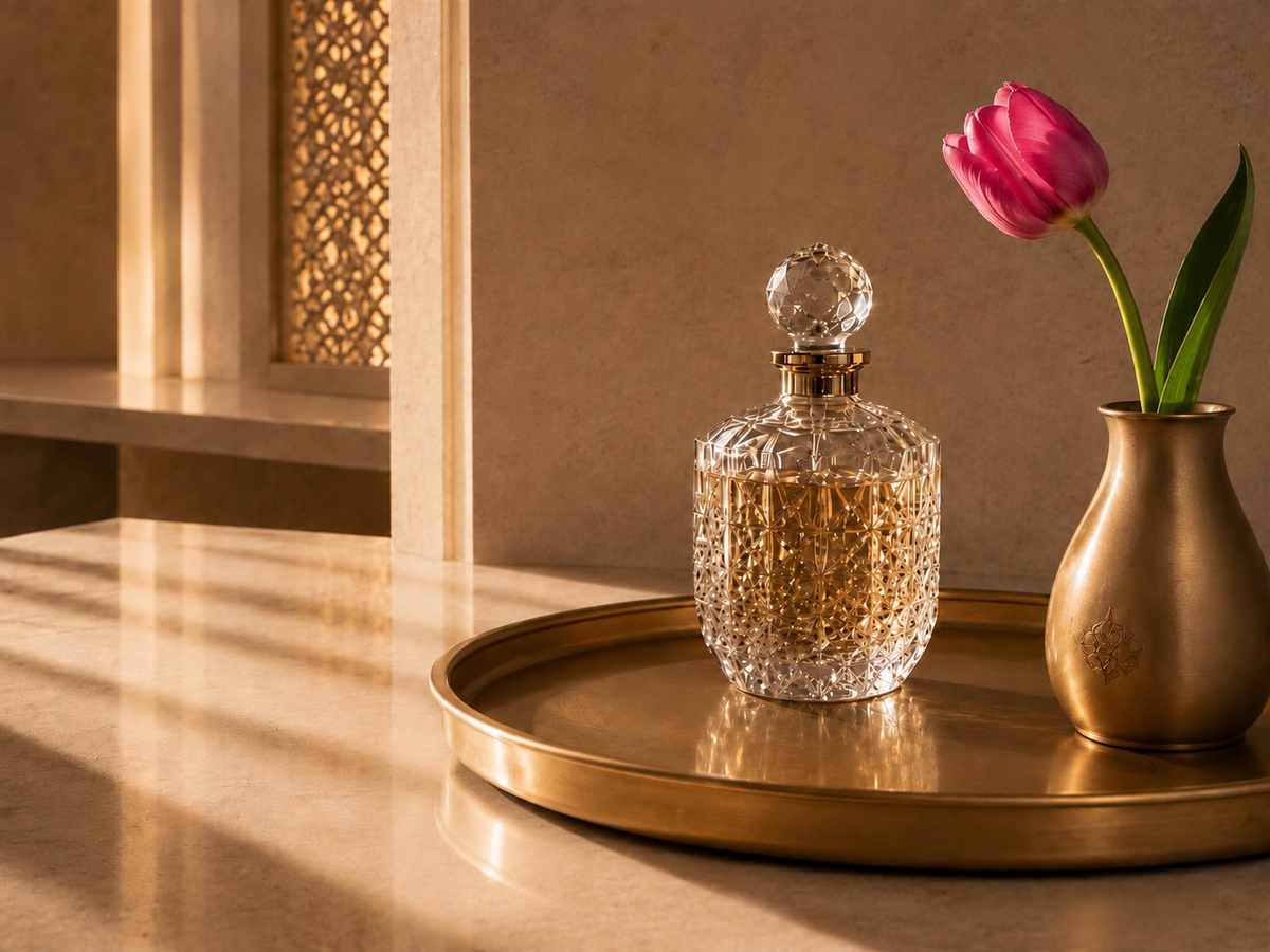 Évasion Turquie Hazellia, parfum en cristal avec tulipe rose sur plateau doré dans un intérieur turc contemporain et raffiné

