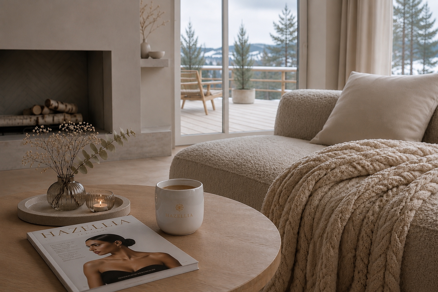 Le Rituel Hazellia Deep Silk dans un intérieur scandinave avec mug en céramique, cheminée moderne, plaid torsadé et terrasse lumineuse.

