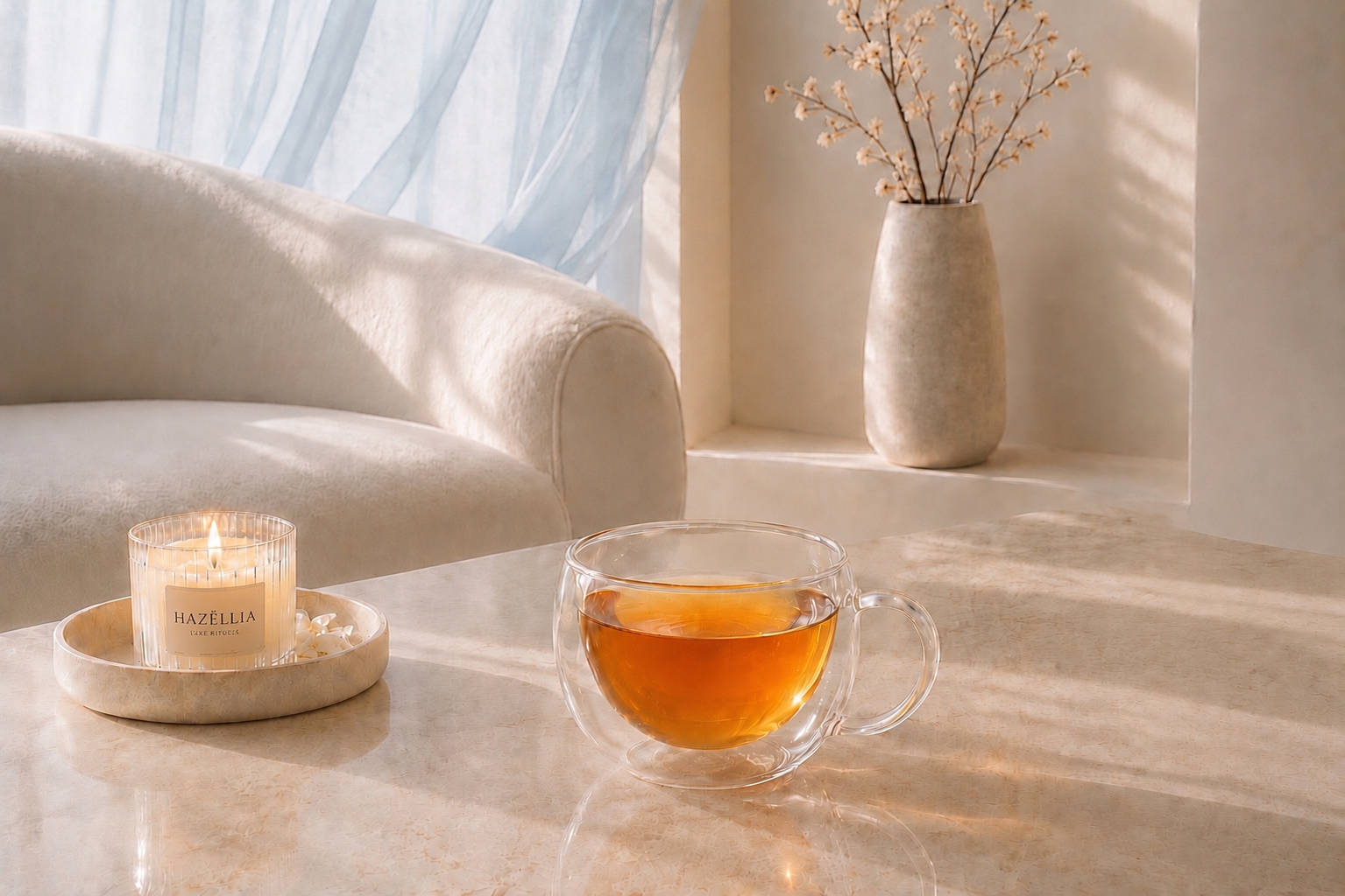 Rituel Hazellia avec l'infusion Sillage ambrée dans un mug en verre double paroi, bougie premium et intérieur minimaliste ivoire, beige et voile bleu poudré inspiré du slow living.


