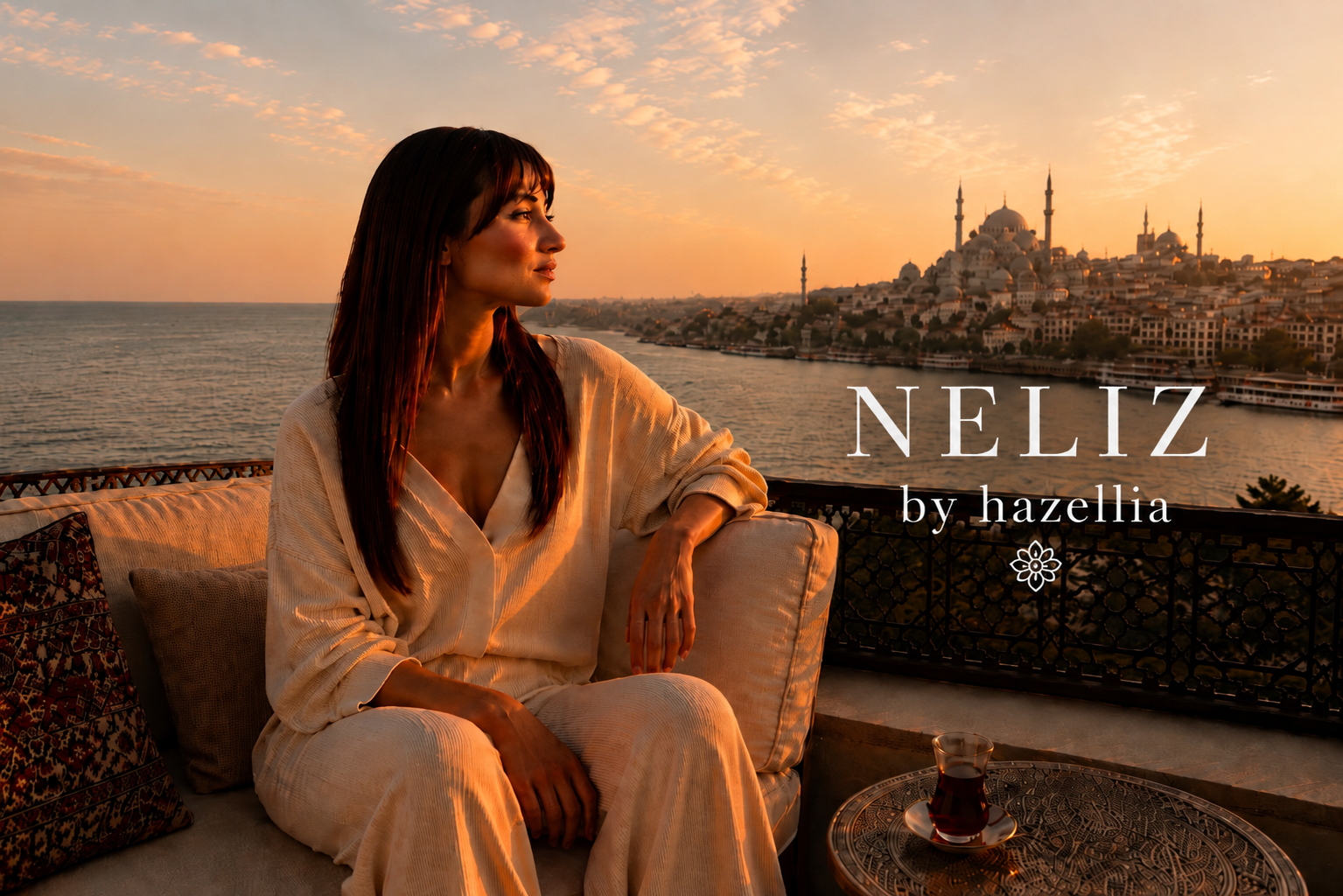 Collection Neliz Hazellia, femme élégante face à Istanbul au coucher du soleil

