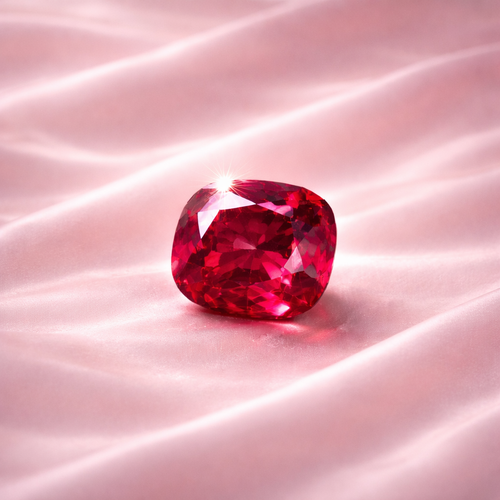 Rubis rouge profond posé sur satin rose poudré symbolisant la femme charismatique Rose Blood de la collection HazBloom par Hazellia.
