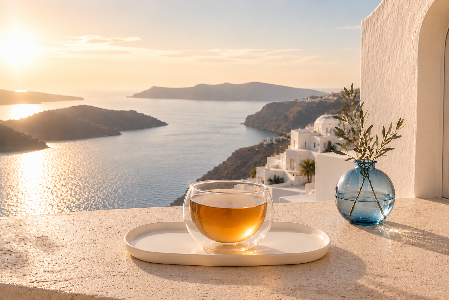 Mug d’infusion Hazellia posé sur un plateau blanc face à la mer Égée à Santorin, illustrant le rituel d’infusion de la destination Grèce Éternelle.

