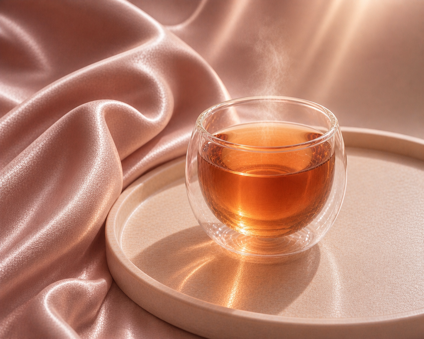 Infusion Élixir Hazellia dans tasse double paroi, boisson ambrée lumineuse sur plateau en marbre avec tissu rose poudré, ambiance luxe et raffinée

