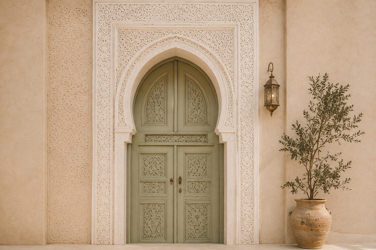 Porte marocaine en vert sauge poudré, architecture sculptée ivoire et beige champagne avec lanterne dorée, univers Maroc Douceur Hazellia.


