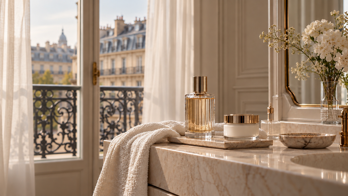 Rituel beauté français dans un intérieur parisien ivoire et champagne – Paris Intemporel Hazellia

