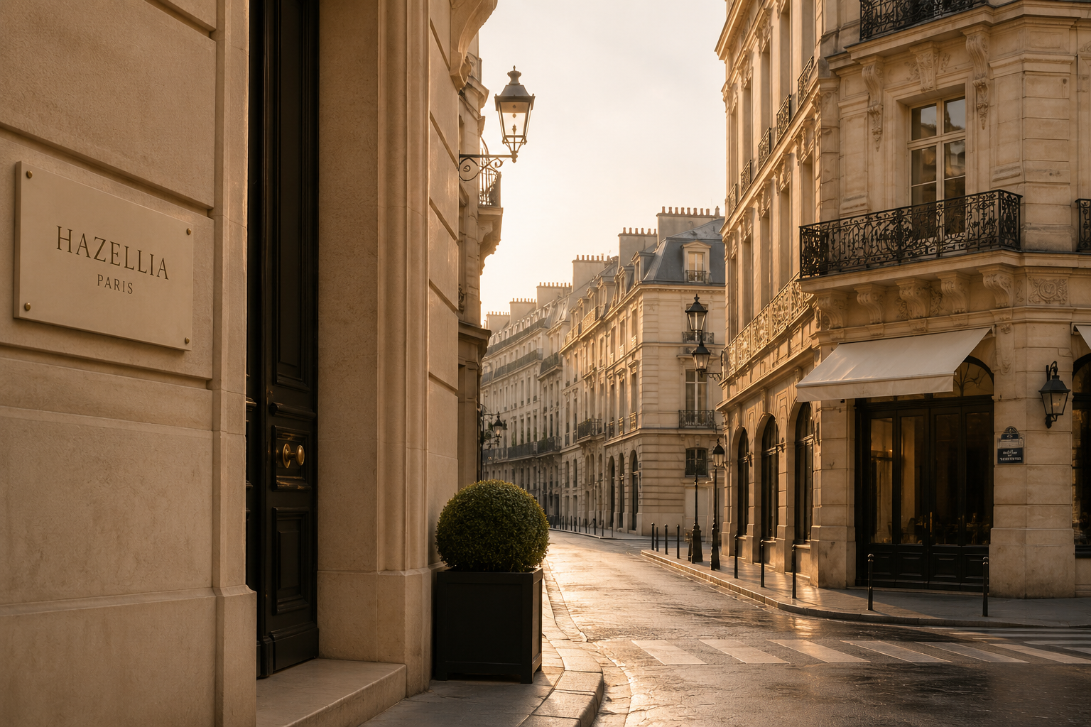 Rue parisienne haussmannienne baignée de lumière dorée avec façades élégantes, ferronneries noires et ambiance luxe silencieux inspirée de l’univers Hazellia Voyage Paris.

