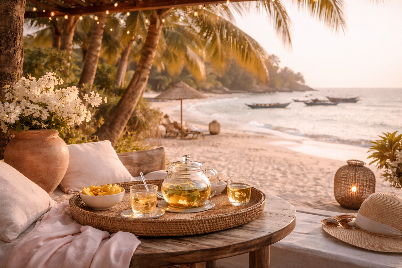 Rituel d’infusion sénégalais en bord de mer avec thé aux plantes, ambiance chaleureuse et lumière dorée inspirée du Sénégal Hazellia.

