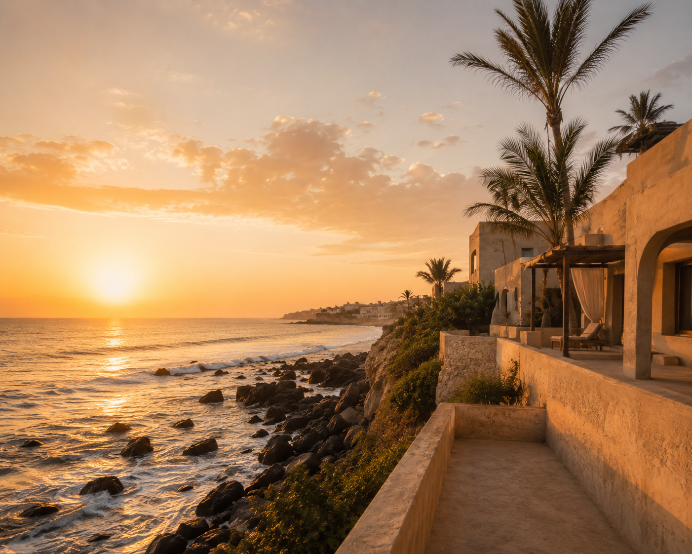 Paysage luxe bord d’océan Sénégal Hazellia Voyage — architecture contemporaine beige, coucher de soleil doré sur la côte sénégalaise et ambiance premium chaleureuse inspirée du slow living.

