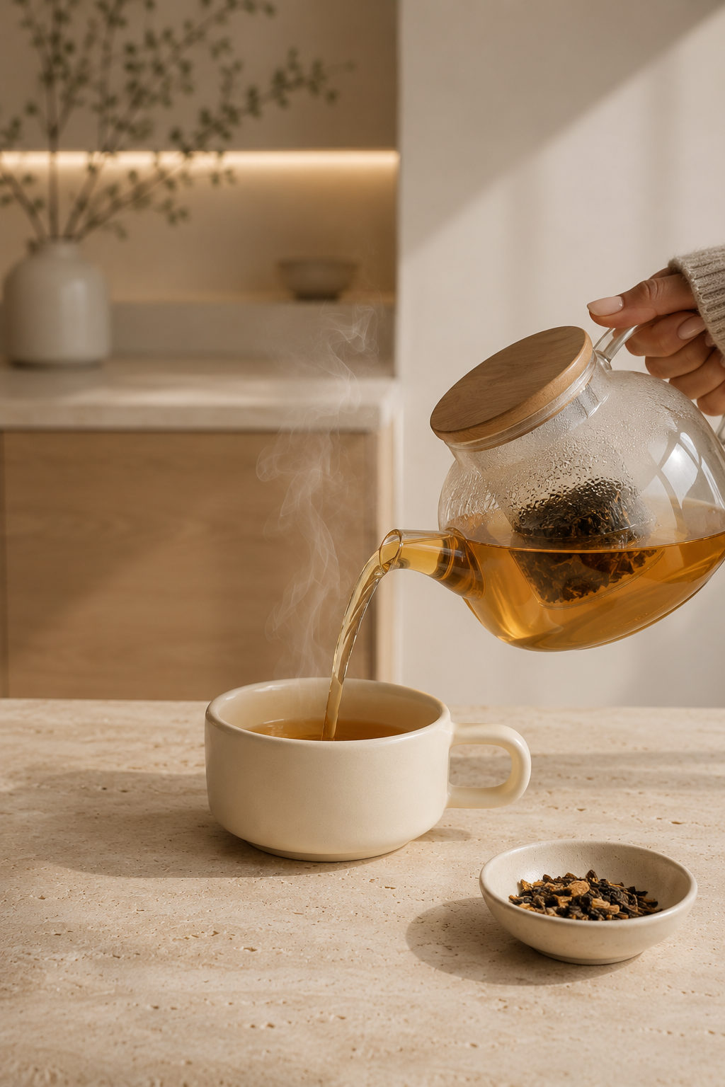 Infusion Deep Silk Hazellia versée chaude dans un mug en céramique ivoire, préparation cocooning d’inspiration scandinave.

