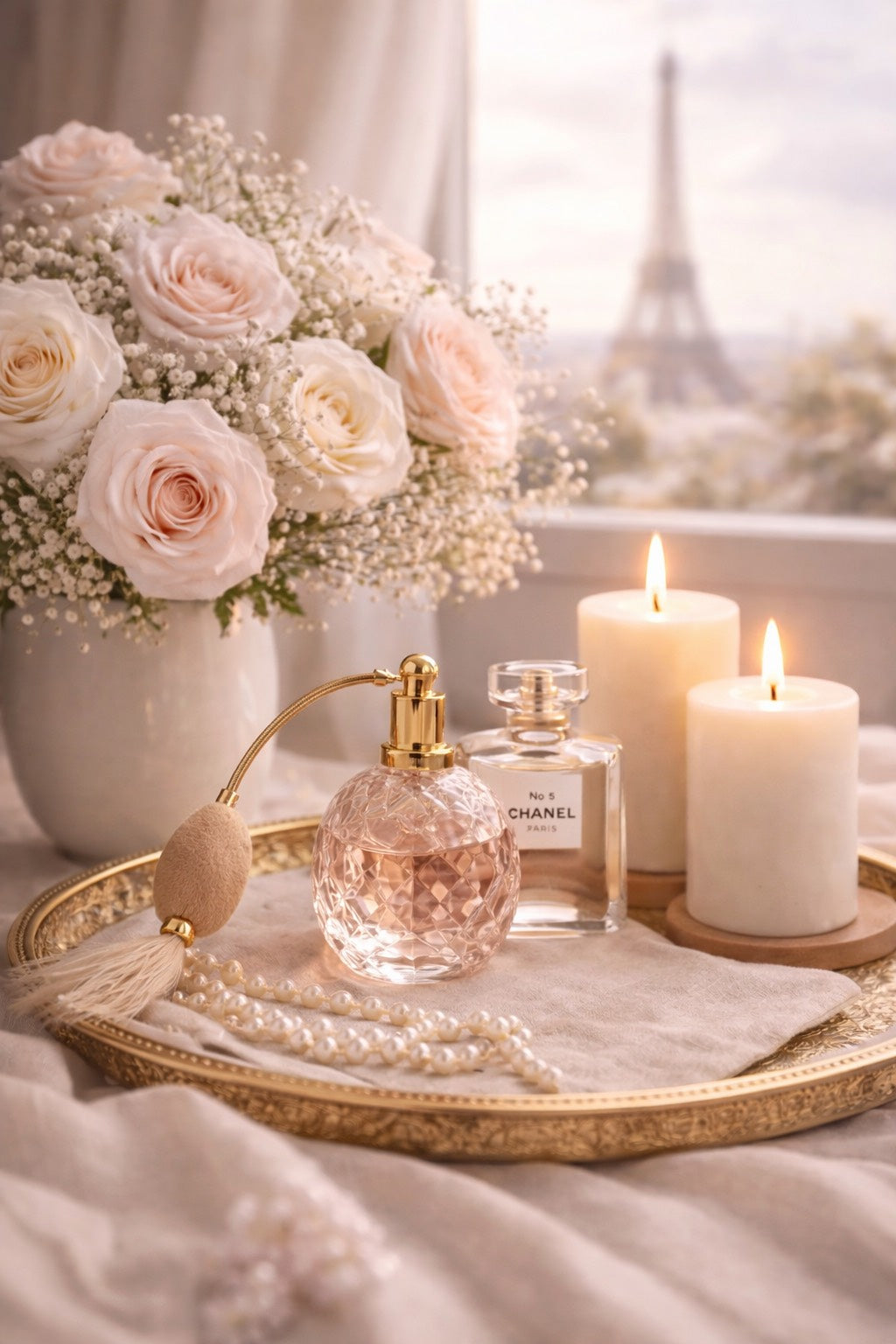 Plateau doré avec flacons de parfum, bougies crème et bouquet de roses blush devant une vue floutée de la Tour Eiffel, dans une ambiance parisienne élégante et féminine.

