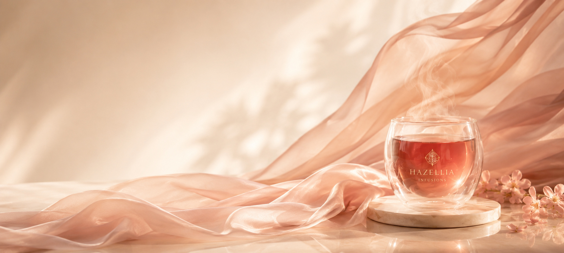 Infusion Hazellia dans un mug double paroi transparent avec voile rose poudré flottant, lumière beige dorée et ambiance luxe féminine minimaliste.

