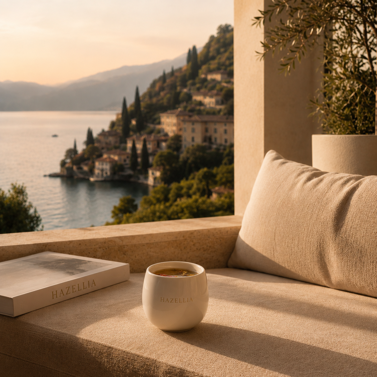 Terrasse italienne avec mug Hazellia face à un lac méditerranéen et villages élégants dans une ambiance Dolce Vita luxe et slow living inspirée de l’Italie. 

