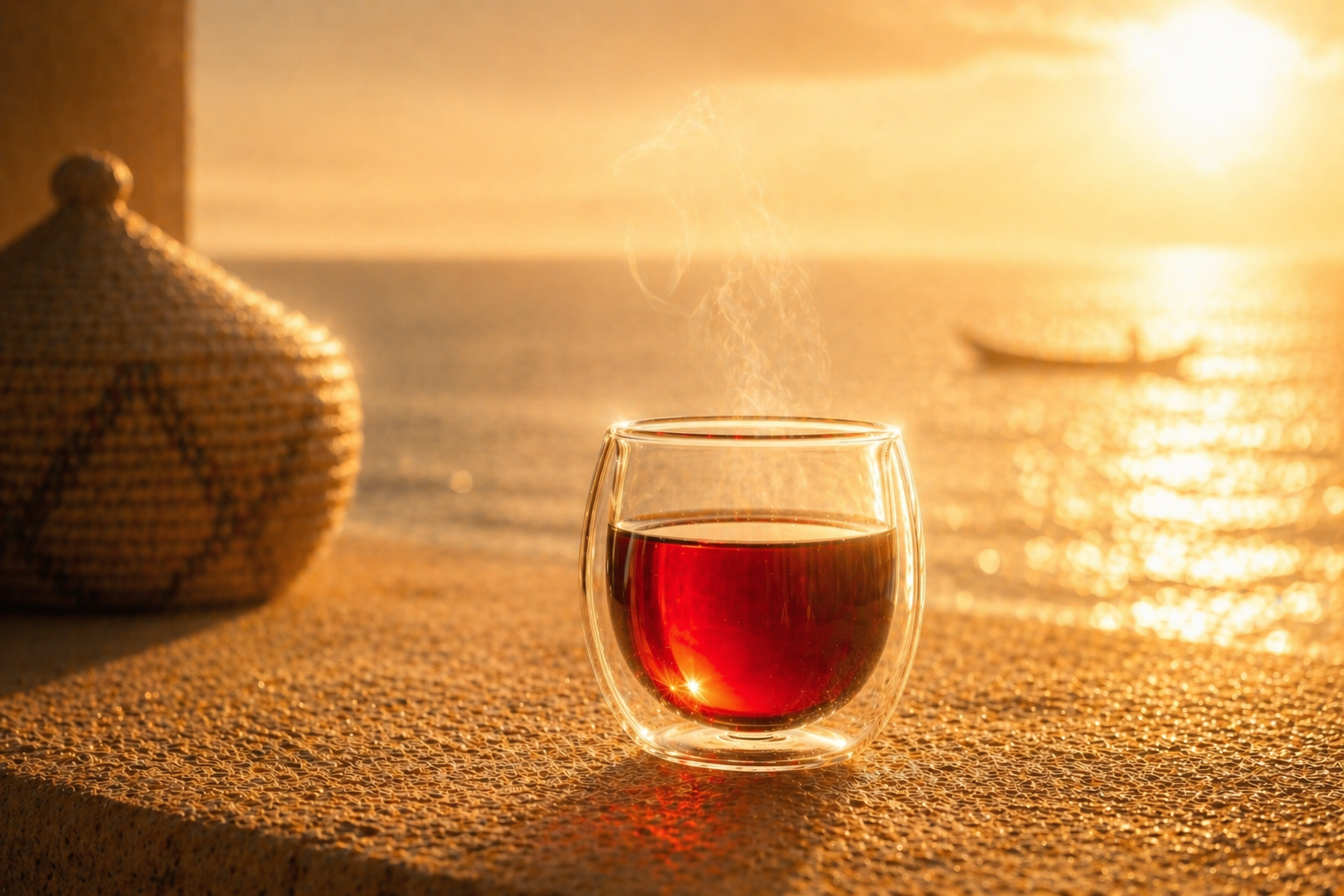 Infusion hibiscus rouge dans un verre transparent sur fond océan au coucher de soleil, ambiance chaleureuse Sénégal Soleil Hazellia