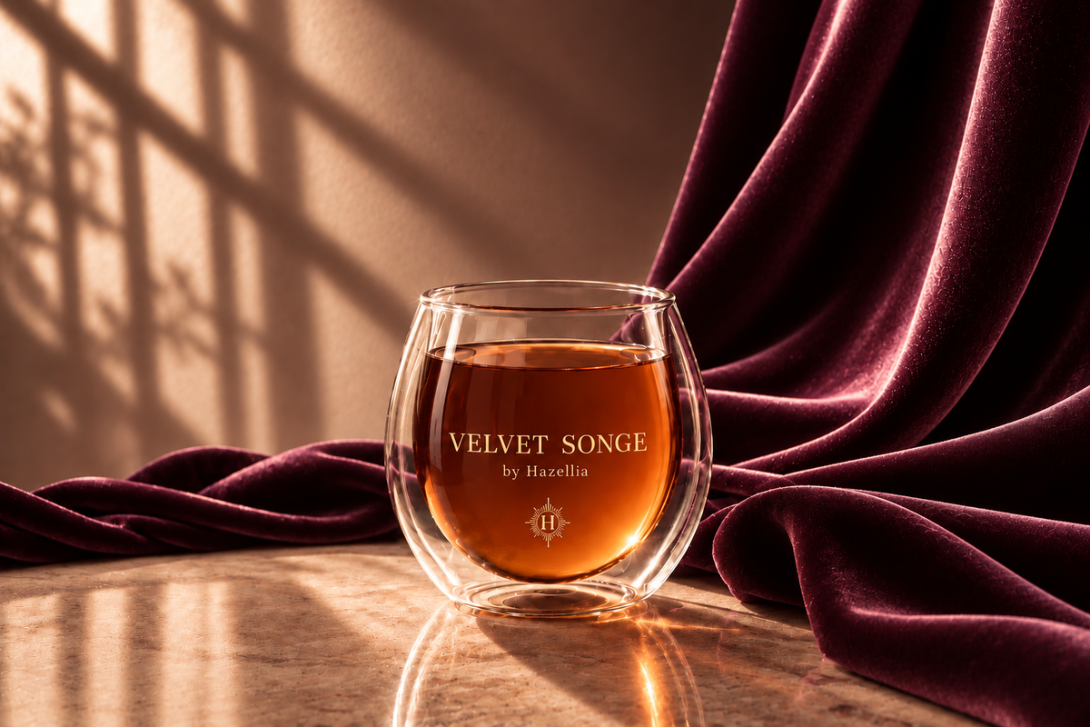 Velvet Songe Hazellia, infusion ambrée effet bijou dans un mug cristal, mise en scène sur velours prune premium.

