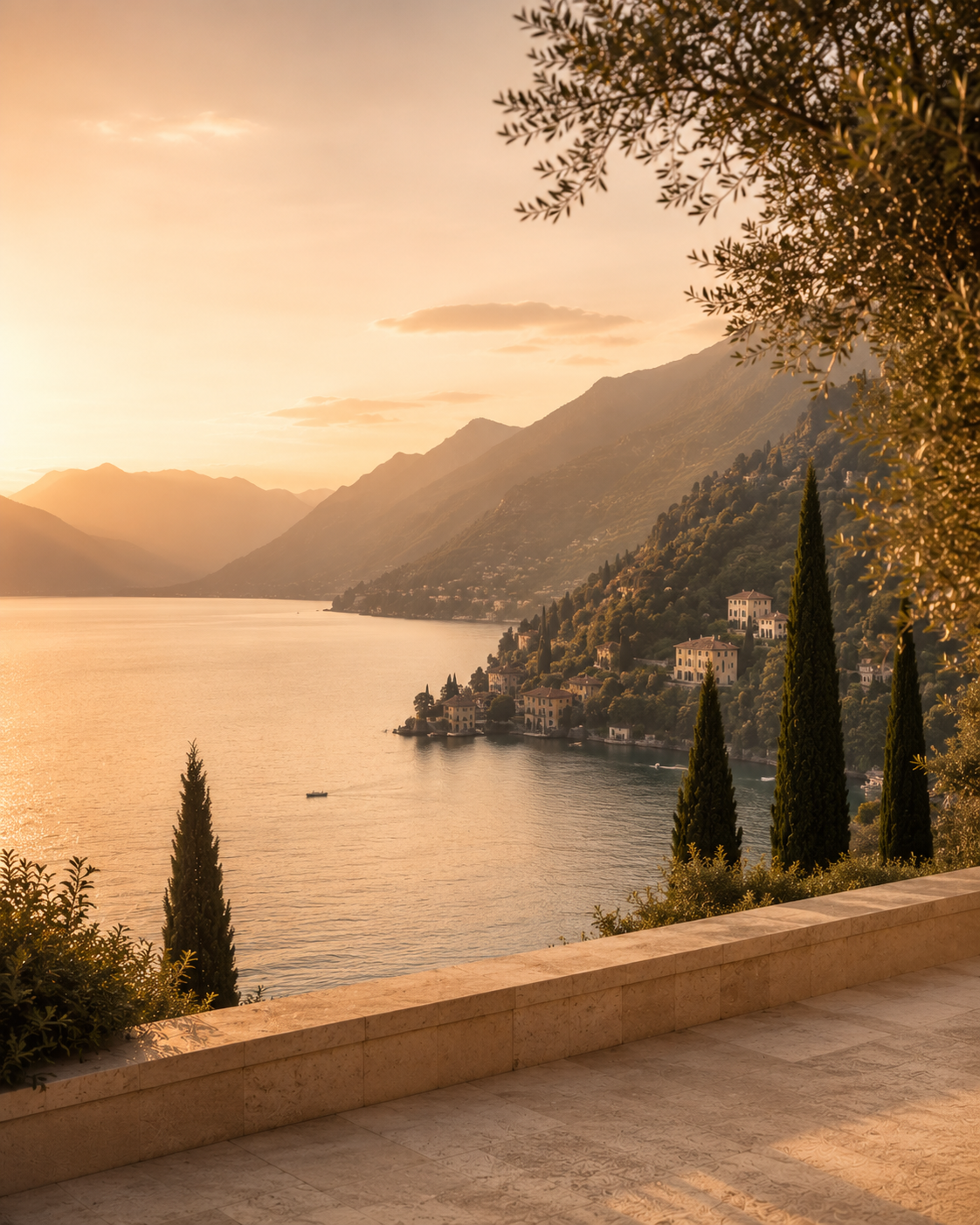 Paysage italien luxe Hazellia Voyage au coucher du soleil — vue panoramique sur lac italien, cyprès élégants, villas méditerranéennes et lumière dorée dolce vita raffinée

