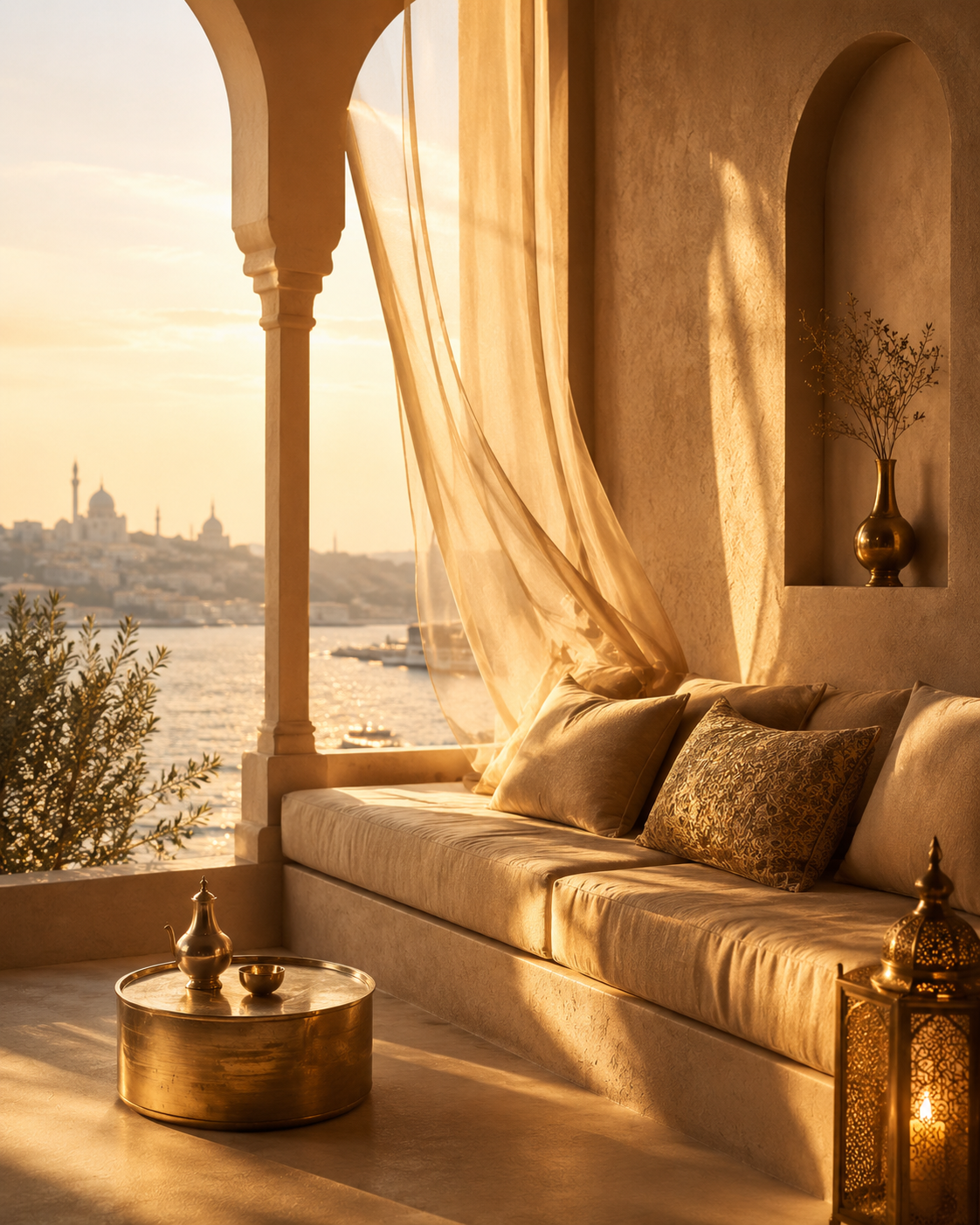 Assise Orient Doré Hazellia Voyage — banquette beige luxe face à l’eau, arches orientales contemporaines, voilage champagne et ambiance palace oriental moderne au coucher du soleil.


