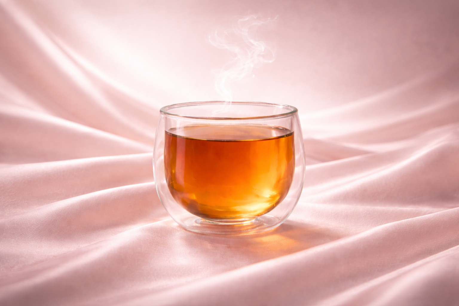Verre double paroi transparent rempli d’une infusion détox couleur ambre lumineuse avec vapeur fine, posé sur satin rose poudré couture, ambiance luxe minimaliste style Dior Spa.


