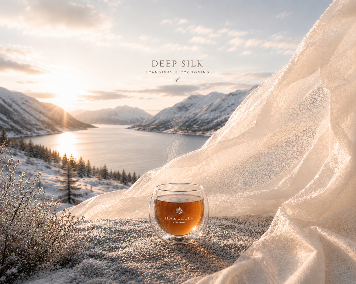 Scandinavie Cocooning par Hazellia Voyage, rituel d’infusion face à un fjord nordique enneigé

