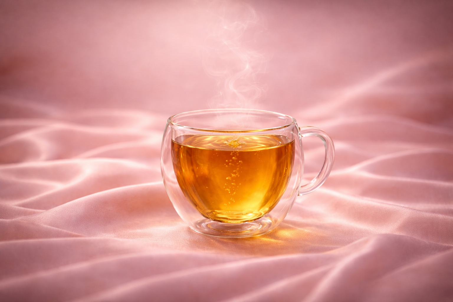 Amber herbal infusion in a double wall glass cup on pink satin, daily well-being ritual and soothing feminine moment by Hazellia