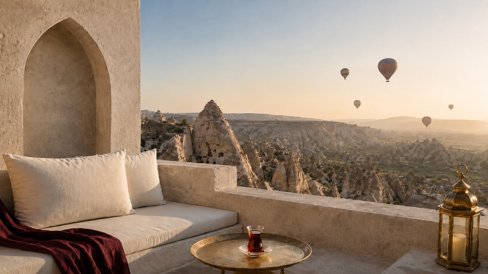 Évasion Turquie Hazellia, terrasse contemporaine en Cappadoce avec montgolfières, thé turc et paysage minéral au coucher du soleil

