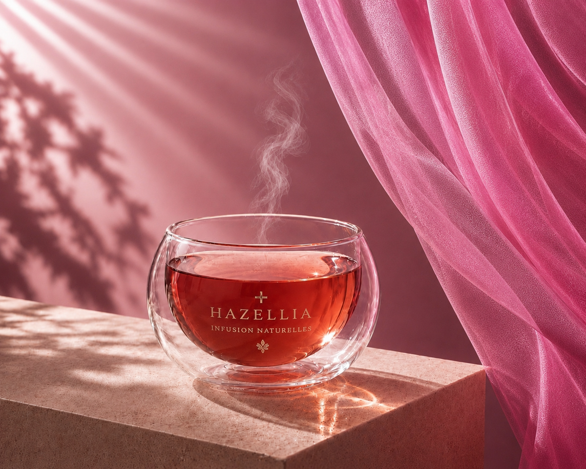 Infusion BerryGlow Hazellia dans un mug double paroi, voile rose framboise et rituel féminin lumineux

