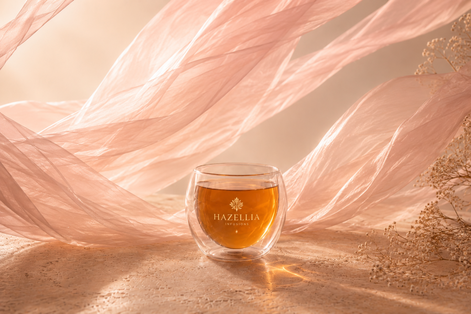 Infusions beauté et éclat HazBloom dans un mug en verre, ambiance satin champagne, rituel féminin premium pour révéler l’éclat naturel.

