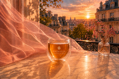 Rose Ritual Hazellia – infusion chaude élégante dans un verre premium avec voile couture rose poudré et ambiance hôtel parisien luxueux.

