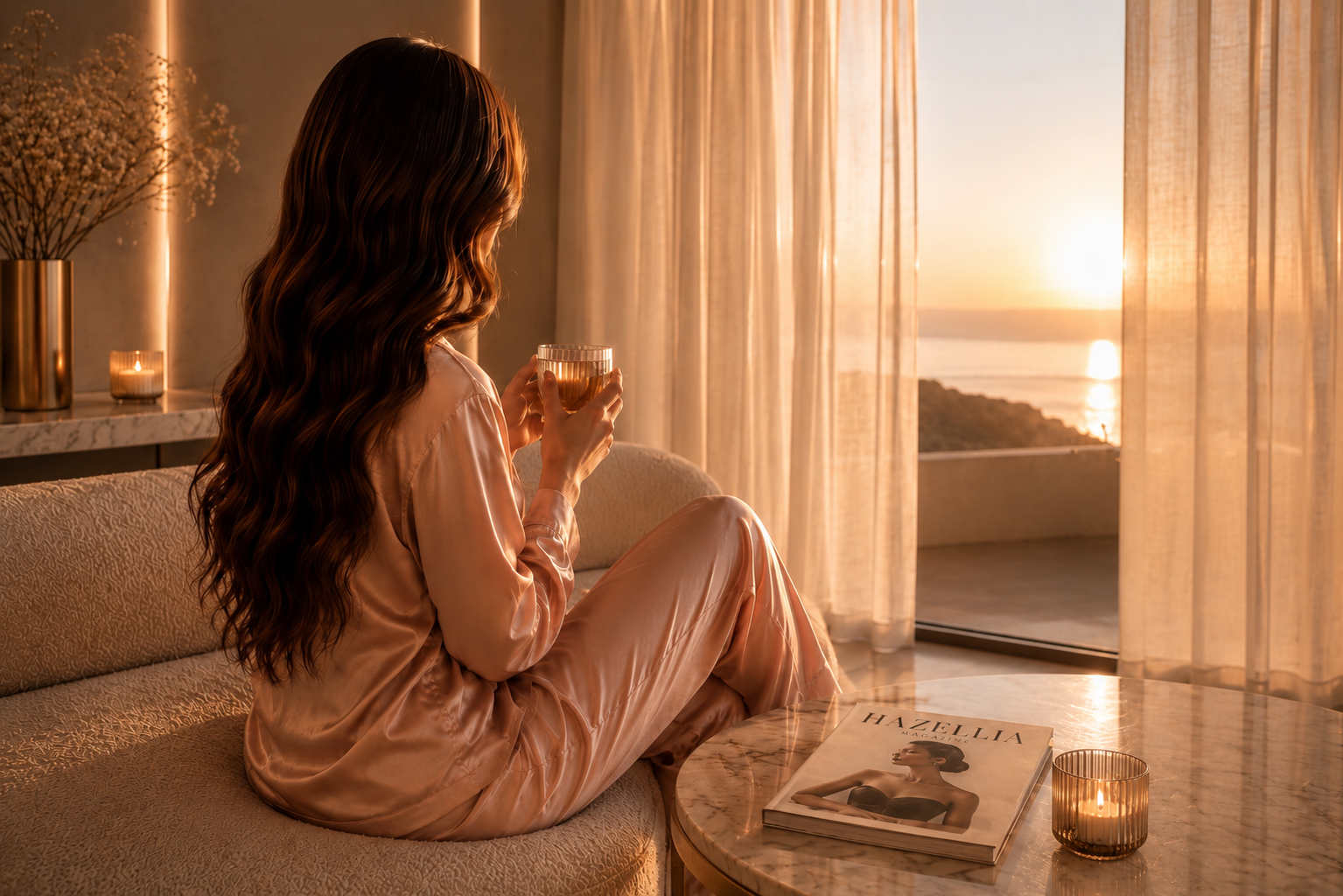 Femme contemplant la lumière du soir dans un intérieur élégant, symbole de douceur, féminité et reconnexion à soi dans l’univers Hazellia.


