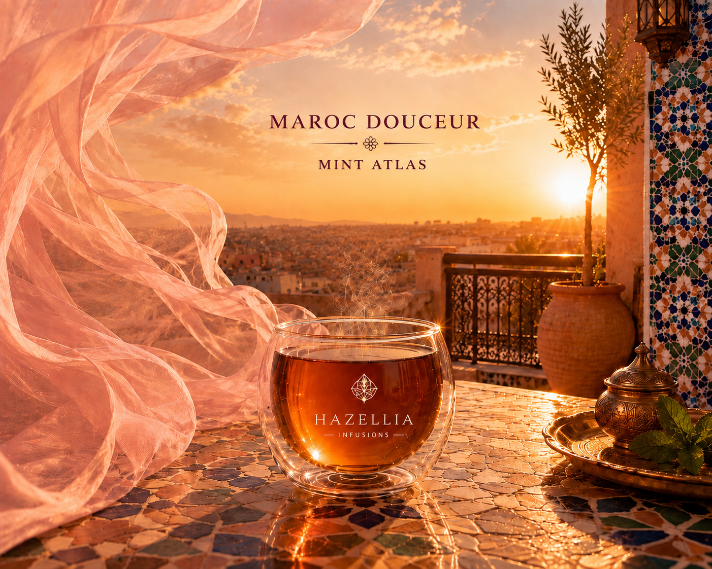 Mint Atlas Hazellia – infusion inspirée du thé à la mente marocain  dans un verre double paroi premium avec voile rose poudré aérien, architecture marocain chic et lumière dorée chaleureuse.
