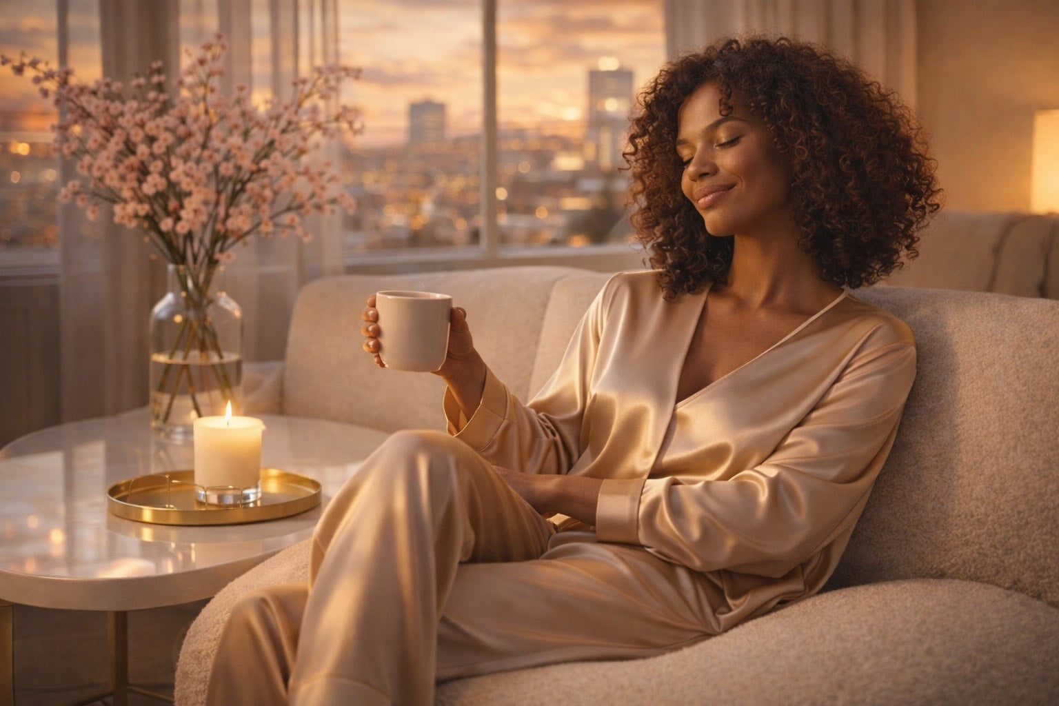 Femme métisse élégante en ensemble satin beige, assise dans un fauteuil cocooning au coucher du soleil, tenant une tasse chaude près d’une table laquée avec bougie et fleurs de cerisier, ambiance rituel bien-être Hazellia.