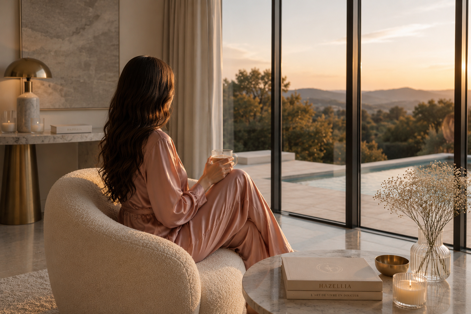 Univers Hazellia avec femme aux cheveux longs ondulés dans un fauteuil design, rituel de fin de journée, lumière dorée et ambiance luxe inspirée du bien-être féminin.

