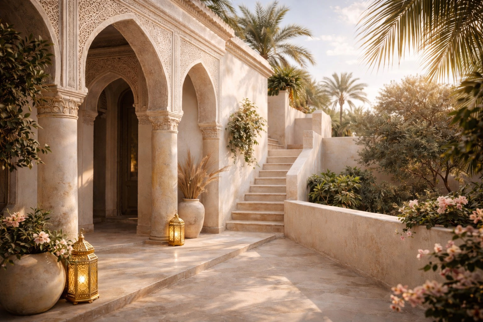 Architecture marocaine extérieure aux arches sculptées en pierre ivoire, éclairée par une lumière dorée de fin de journée, avec lanternes marocaines, palmiers et atmosphère paisible évoquant un riad de luxe.

