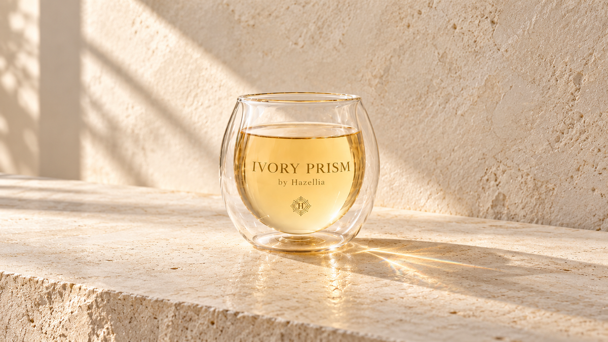 Verre double paroi Hazellia Ivory Prism rempli d’une infusion dorée claire, posé sur une pierre minérale ivoire dans une lumière prismatique.

