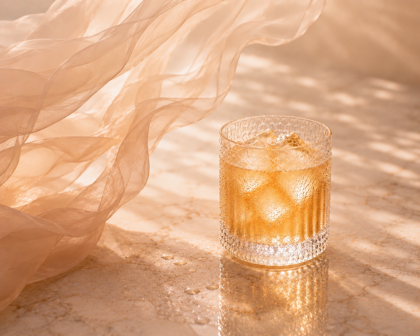 GlowTox Hazellia – infusion glacée dorée dans un verre cristal premium avec glaçons translucides, condensation naturelle, zeste de citron vert et voile rose poudré couture sur marbre luxueux.

