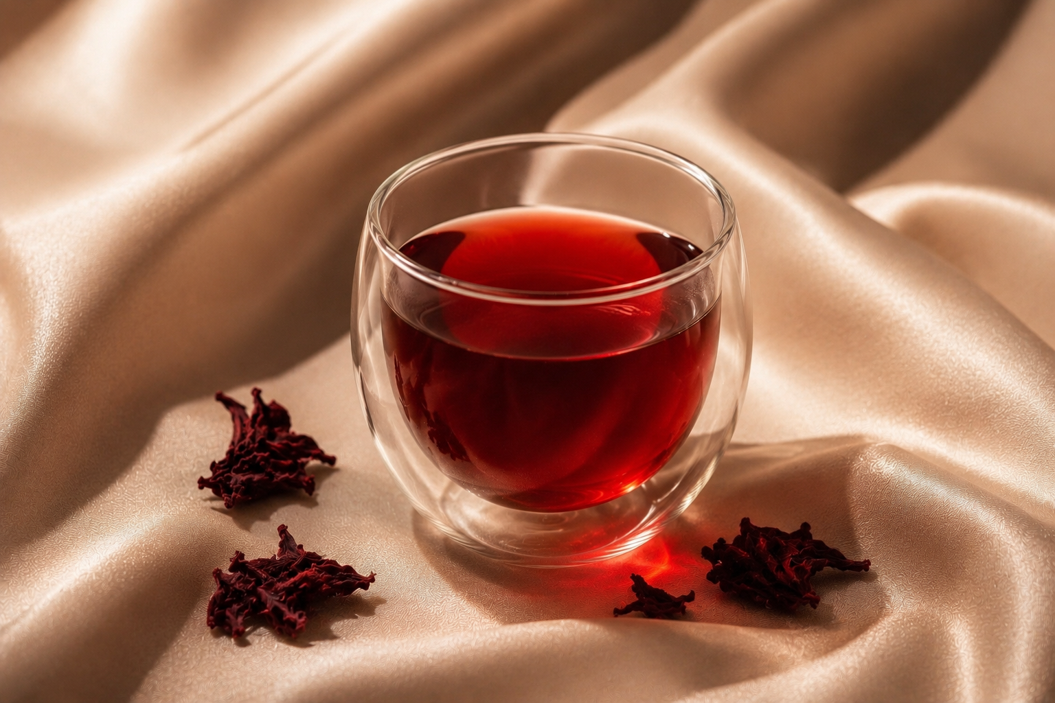 Infusion hibiscus rouge intense dans un mug double paroi transparent sur satin beige champagne, ambiance luxe éditorial Hazellia inspirée de la haute parfumerie et du rituel féminin.

