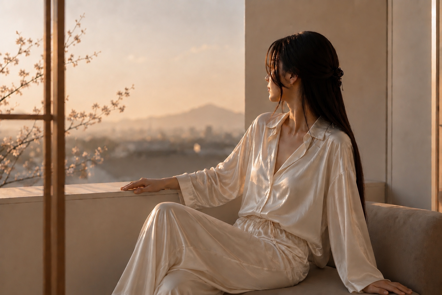 Femme élégante aux longs cheveux lisses avec frange rideau, portant un ensemble lounge beige oversize sur un balcon japonais contemporain au coucher du soleil, ambiance sakura minimaliste et luxe apaisant Hazellia Voyage Japon Kaori. 

