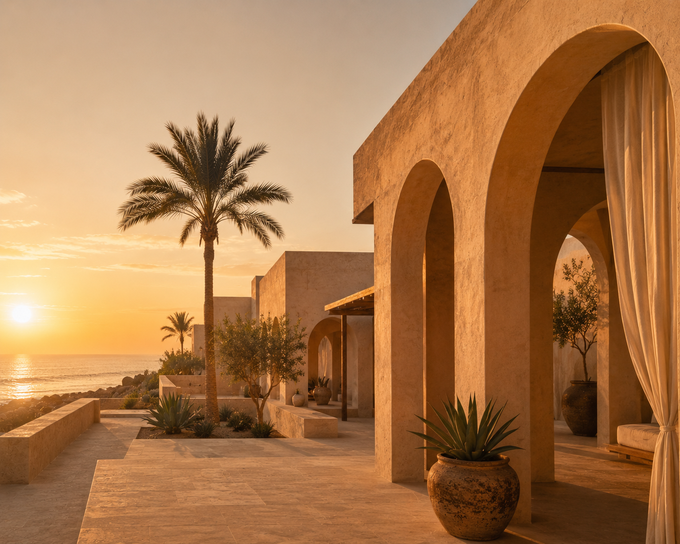 Architecture contemporaine luxe Sénégal Hazellia Voyage — villa beige aux arches modernes face à l’océan au coucher du soleil, ambiance premium chaleureuse inspirée du slow living africain.

