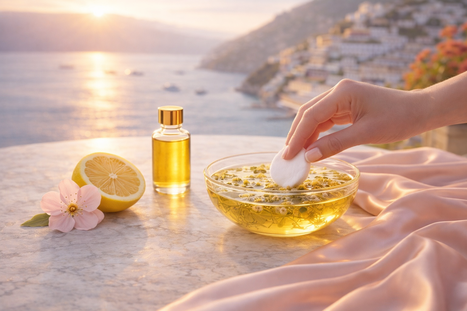 Rituel d’infusion et soin visage inspiré de l’Italie, avec eau florale, coton, huile dorée et citron sur satin rose poudré, lumière méditerranéenne douce Hazellia.

