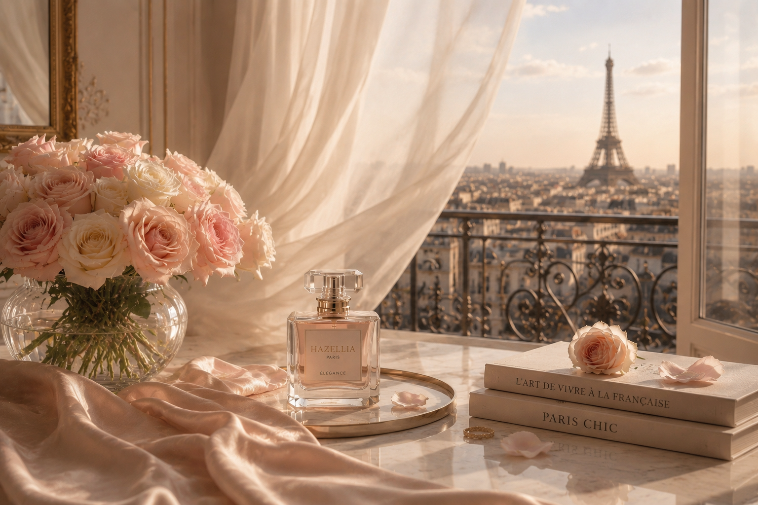 Décoration luxe Paris Élégance Hazellia avec parfum féminin, roses poudrées, satin ivoire et vue Tour Eiffel dans une ambiance couture parisienne.

